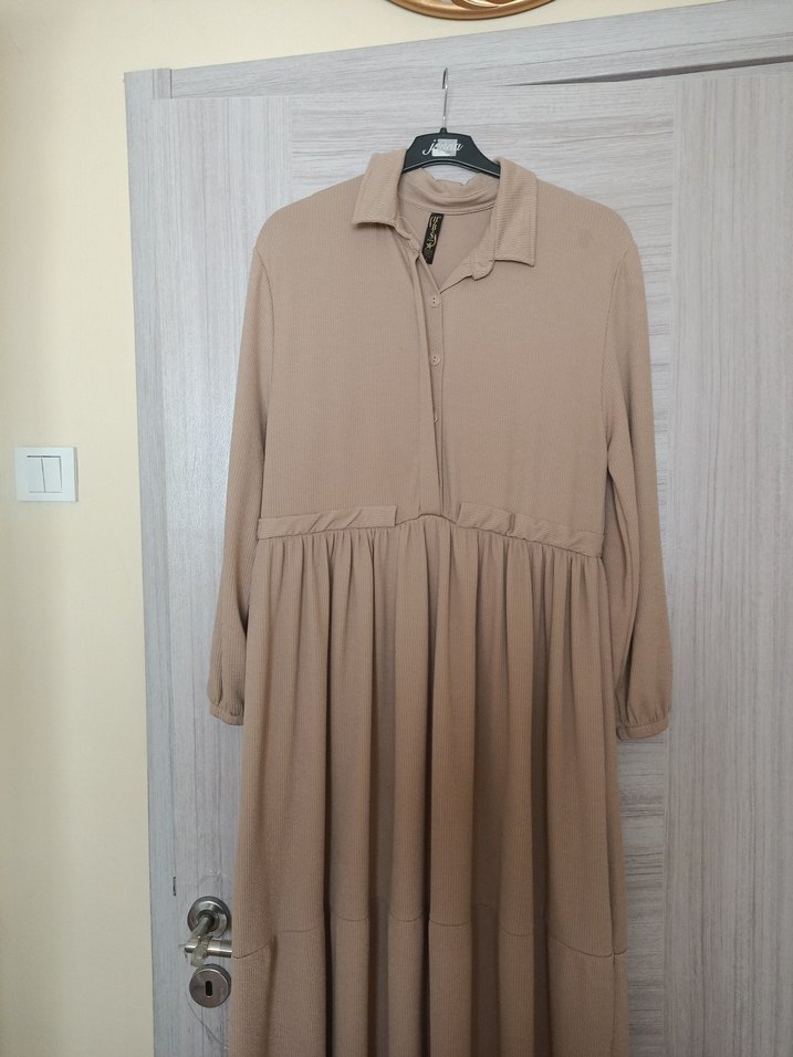Bej Uzun Kollu Pliseli Elbise - Görsel 2