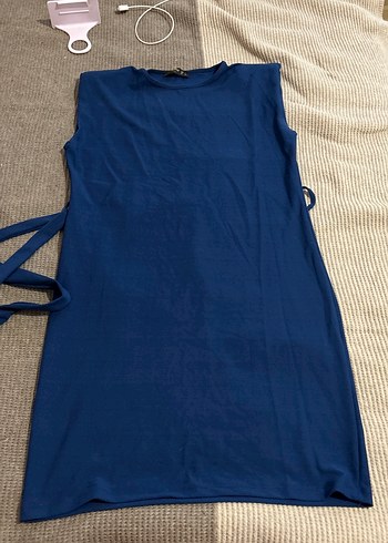 Kuşaklı Mavi Kadın Midi Elbise - Görsel 5