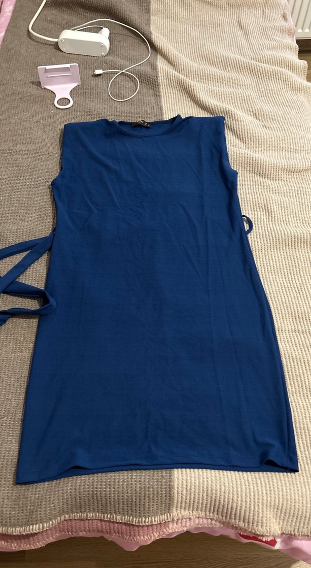 Kuşaklı Mavi Kadın Midi Elbise - Görsel 5