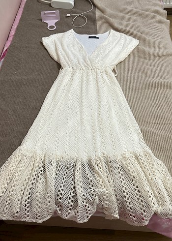 Dantel Detaylı Beyaz Bohem Uzun Triko Elbise - Görsel 4