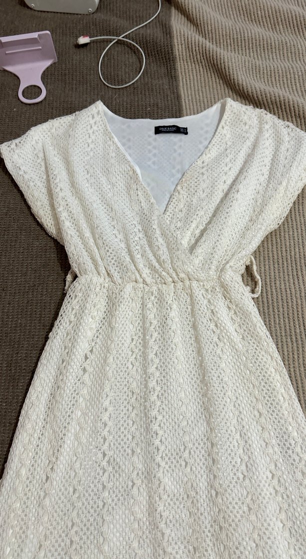 Dantel Detaylı Beyaz Bohem Uzun Triko Elbise - Görsel 2