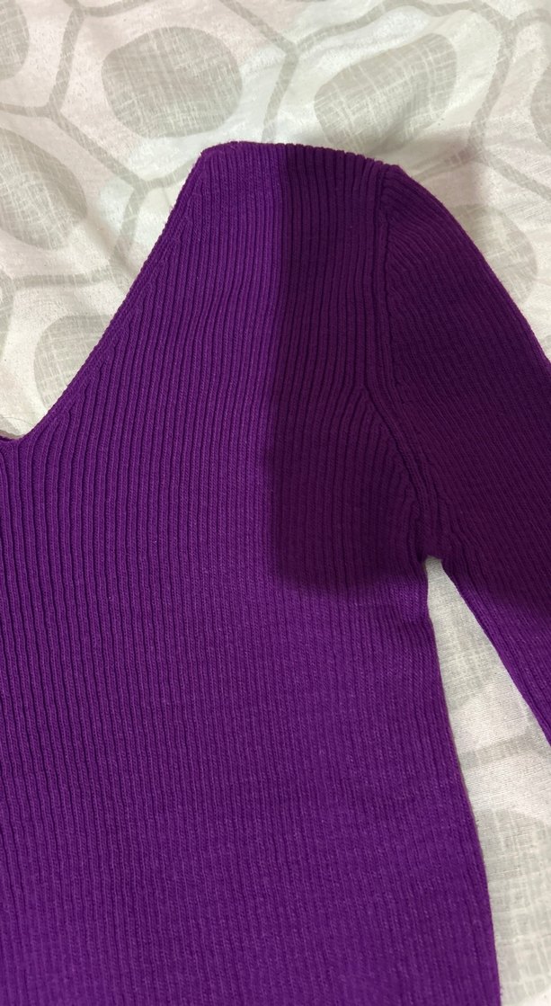 Mor V Yaka Kadın Triko Kazak - Görsel 2