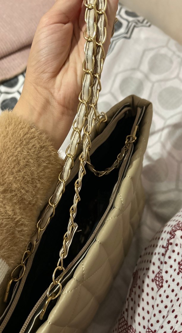 Zincir Detaylı Bej Deri Kadın Çanta - Görsel 5