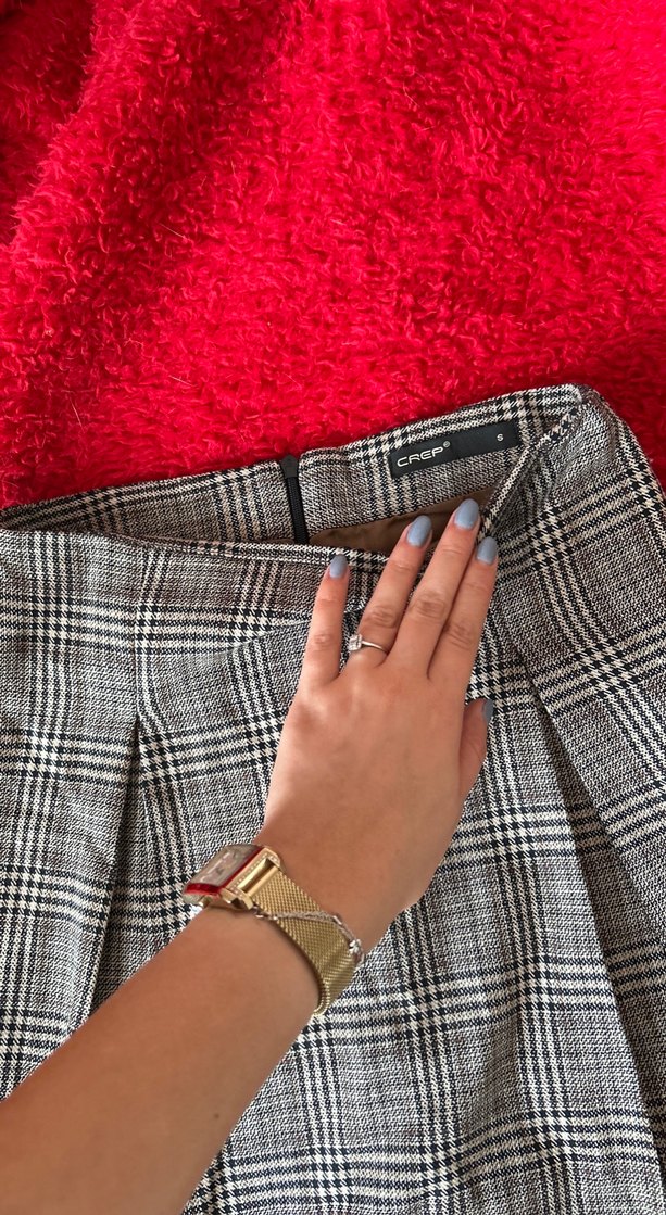 Gri Ekoseli Pilili Midi Etek - Görsel 2