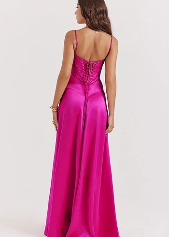 Pembe Parlak Uzun Askılı Saten Elbise - Görsel 3