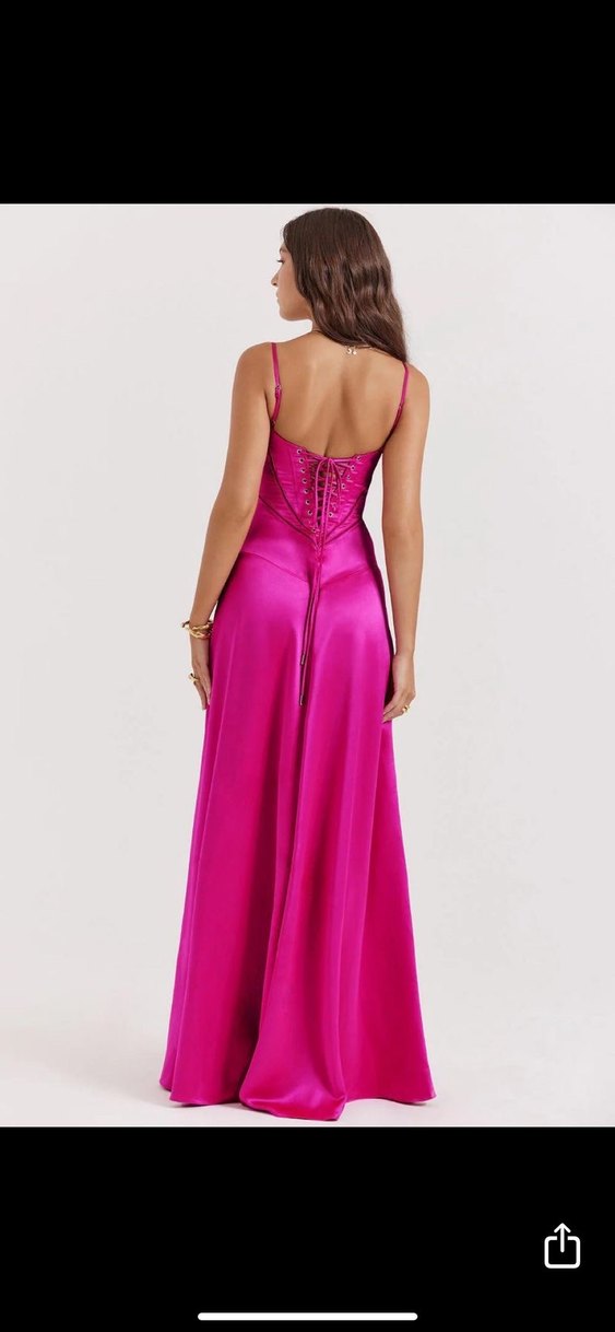 Pembe Parlak Uzun Askılı Saten Elbise - Görsel 2