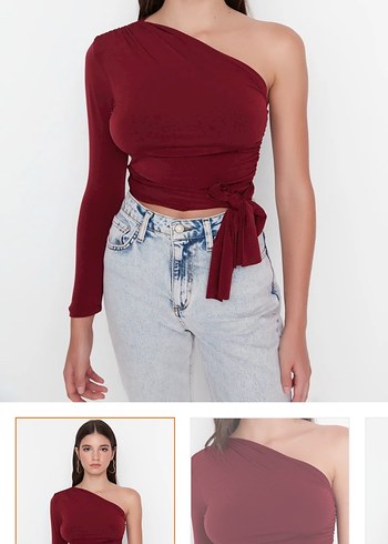 Bordo Tek Kollu Drapeli Bluz