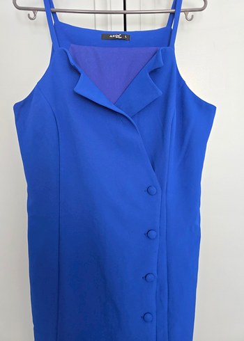 Düğmeli Kolsuz Midi Mavi Elbise - Görsel 4