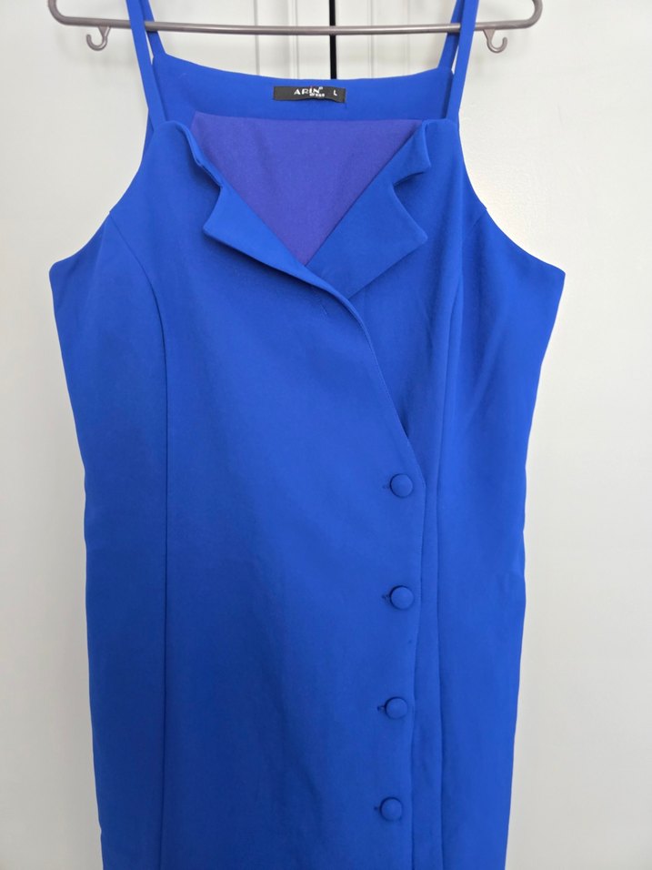 Düğmeli Kolsuz Midi Mavi Elbise - Görsel 4