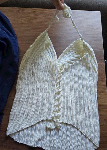 Beyaz Örgü Askılı Kadın Süveter - Görsel 2