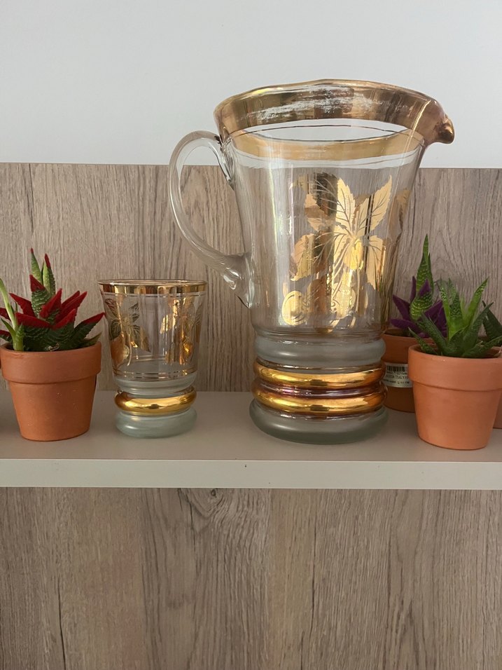 Antika Altın Detaylı Cam Sürahi ve Bardak Seti - Görsel 2