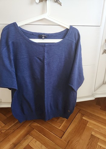 Kadın Mavi Kısa Kollu Triko Sweatshirt
