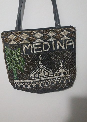 Nakışlı ve Boncuklu Kahverengi Mekke Medine Yazılı Şık Çanta - Görsel 3