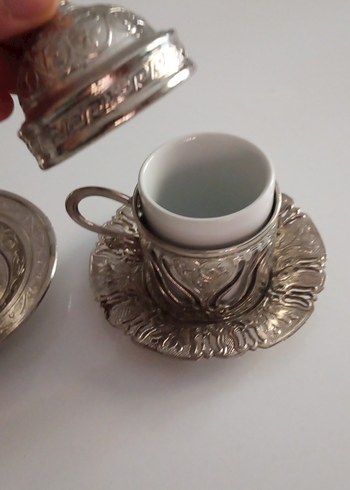 İşlemeli Gümüş Otantik Beyaz Türk Kahvesi Fincanı Seti - Görsel 3