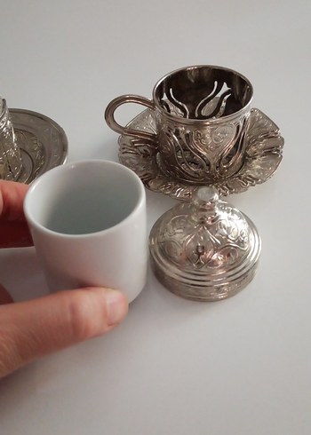 İşlemeli Gümüş Otantik Beyaz Türk Kahvesi Fincanı Seti - Görsel 5