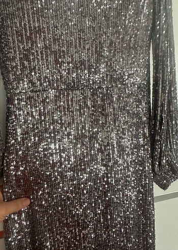 Uzun Kollu V Yaka Payetli Gri Abiye Elbise - Görsel 4