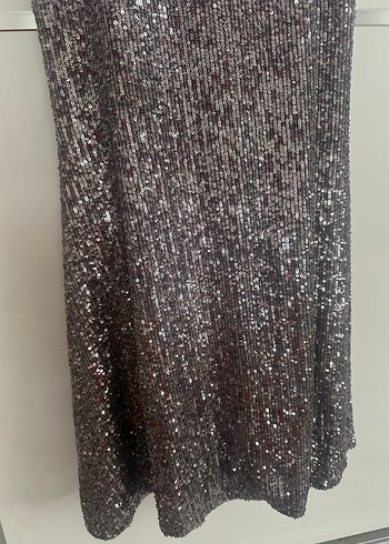 Uzun Kollu V Yaka Payetli Gri Abiye Elbise - Görsel 5