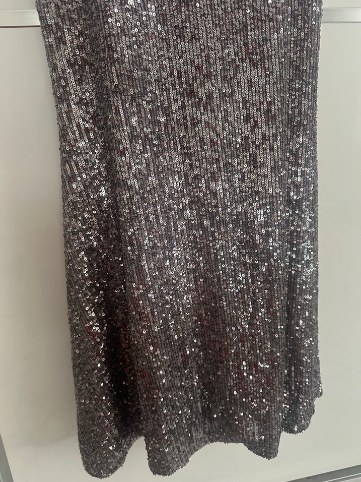 Uzun Kollu V Yaka Payetli Gri Abiye Elbise - Görsel 5