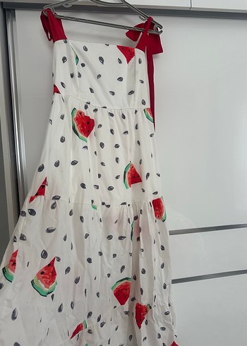 Beyaz Askılı Renkli Desenli Uzun Elbise - Görsel 3