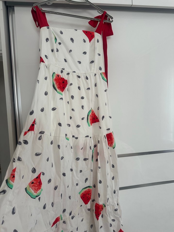 Beyaz Askılı Renkli Desenli Uzun Elbise - Görsel 3