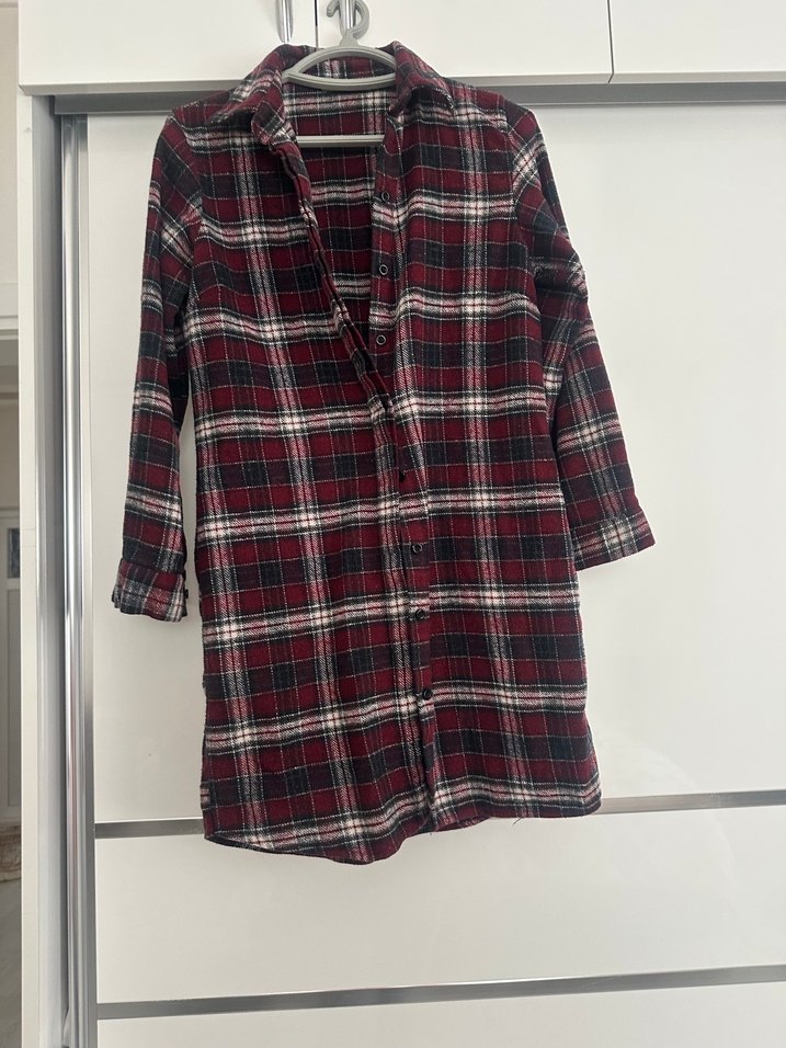 Bordo Ekose Desenli Uzun Kollu Kadın Gömlek - Görsel 2