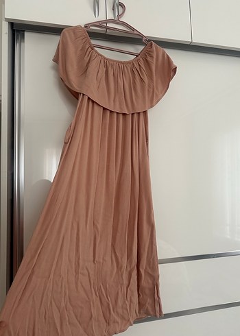 Bej Keten Uzun Salaş Elbise - Görsel 3