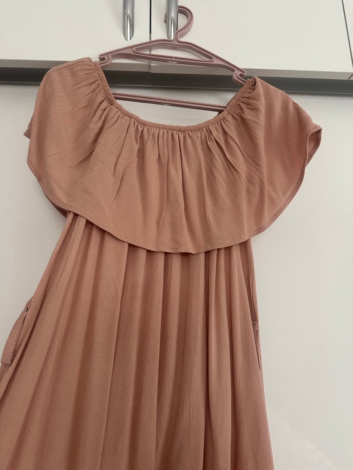 Bej Keten Uzun Salaş Elbise - Görsel 4