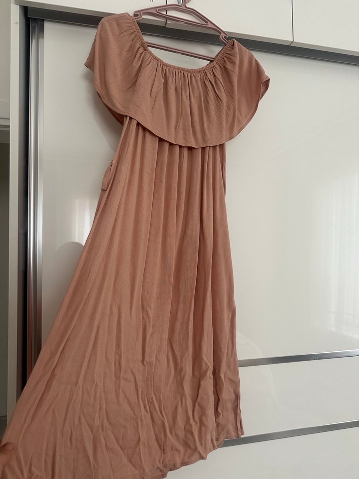 Bej Keten Uzun Salaş Elbise - Görsel 2