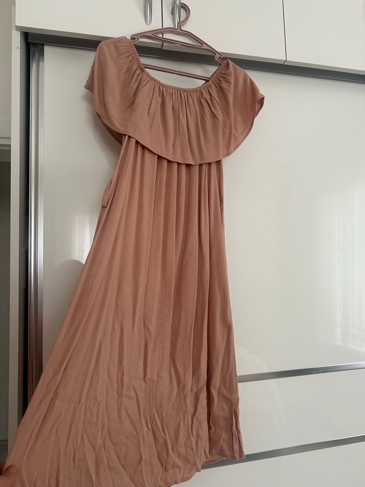 Bej Keten Uzun Salaş Elbise - Görsel 3