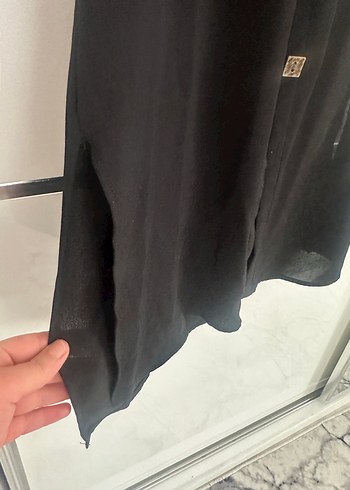 Düğmeli Siyah Keten Uzun Elbise - Görsel 3