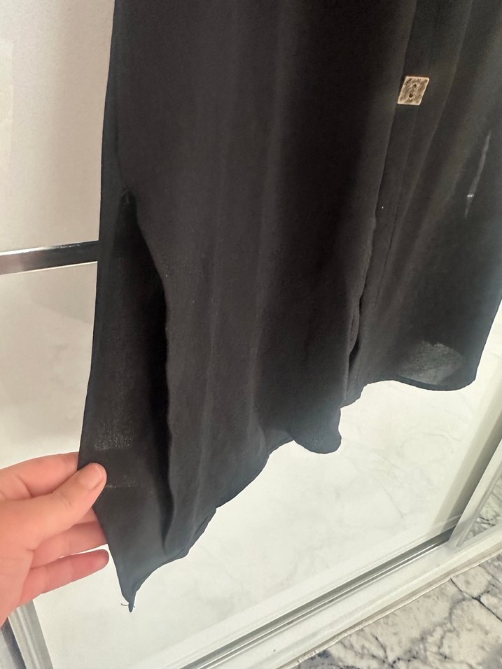 Düğmeli Siyah Keten Uzun Elbise - Görsel 3