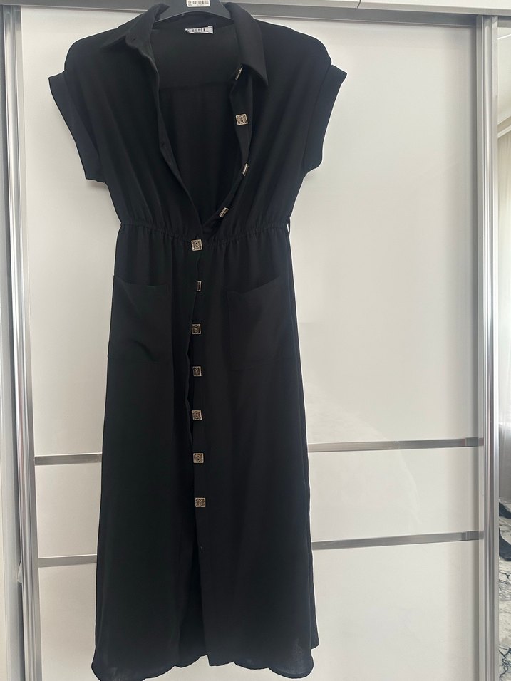 Düğmeli Siyah Keten Uzun Elbise - Görsel 2