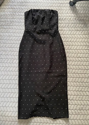 Taşlı Siyah Straplez Kalem Elbise - Görsel 2