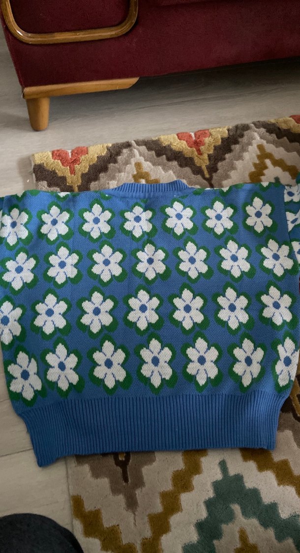 Mavi Çiçek Desenli Örgü Bohem Kazak - Görsel 3