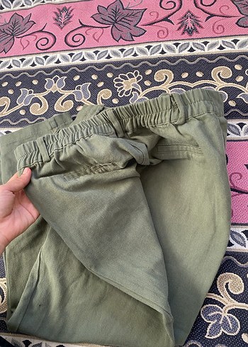 m Beden Kadın Haki Rahat Kesim Keten Pantolon
