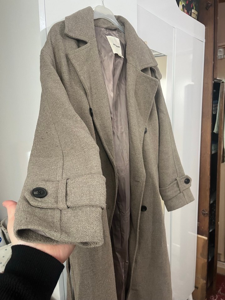 Düğmeli Midi Bej Kadın Yün Kaban - Görsel 2