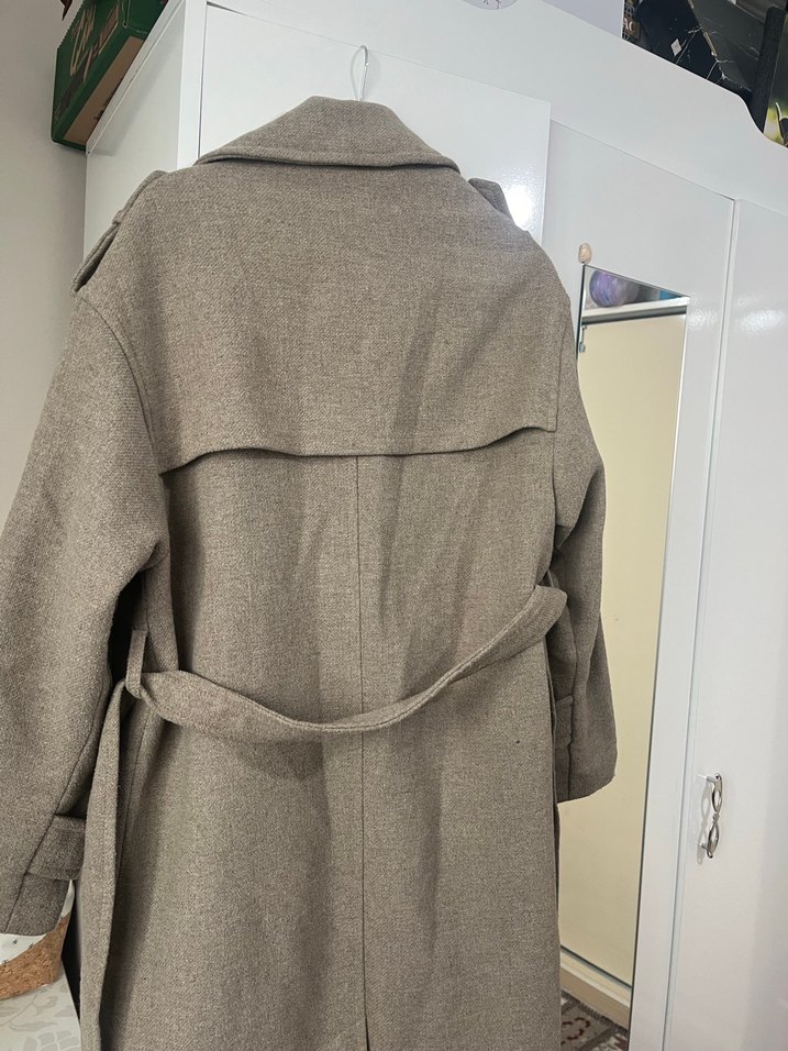 Düğmeli Midi Bej Kadın Yün Kaban - Görsel 3