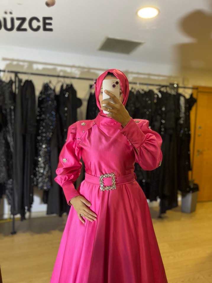 Parlak Pembe Uzun Abiye Elbise - Görsel 2