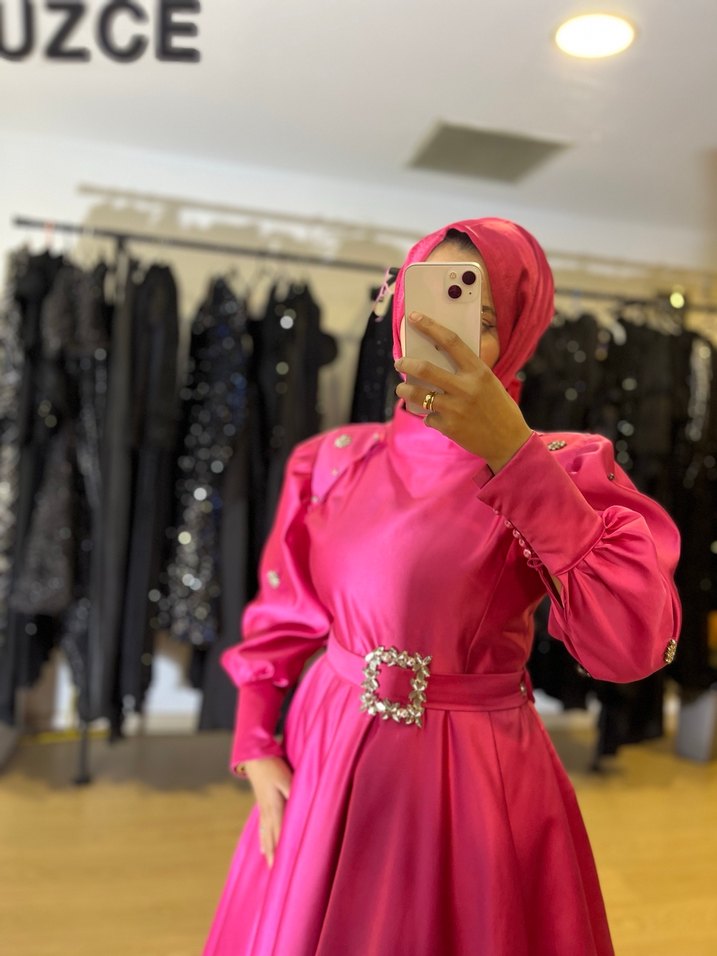 Parlak Pembe Uzun Abiye Elbise - Görsel 4