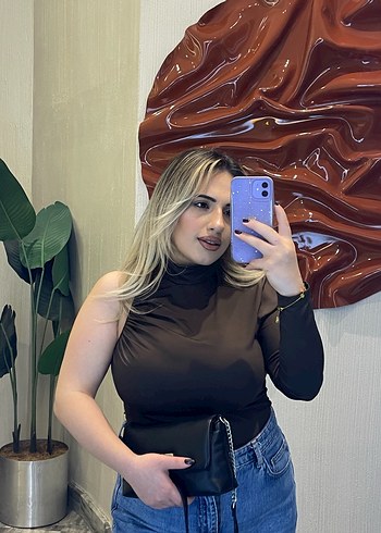 Kahverengi Denim Kadın Balıkçı Yaka Bluz