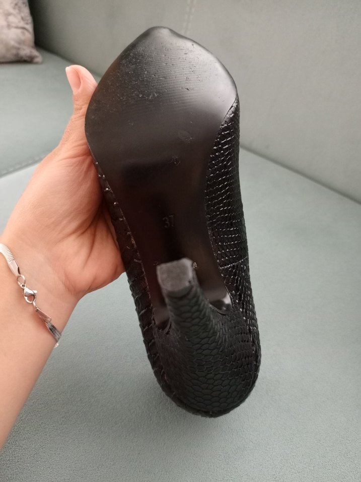 Siyah Deri Yılan Desenli Stiletto - Görsel 3