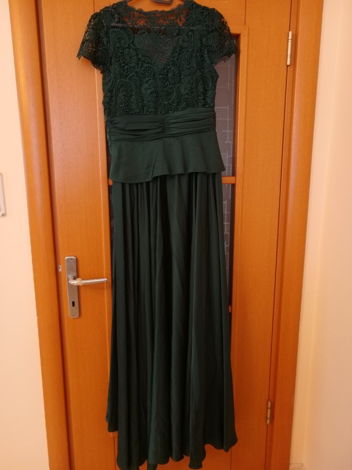 Koyu Yeşil Dantel Detaylı Uzun Abiye Elbise - Görsel 4