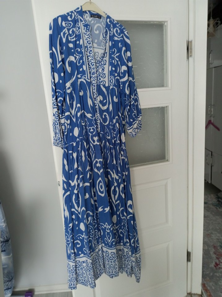 Mavi Bohem Uzun V Yaka Püsküllü Elbise - Görsel 2