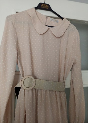 Bej Uzun Kolay Kemerli Elbise - Görsel 8