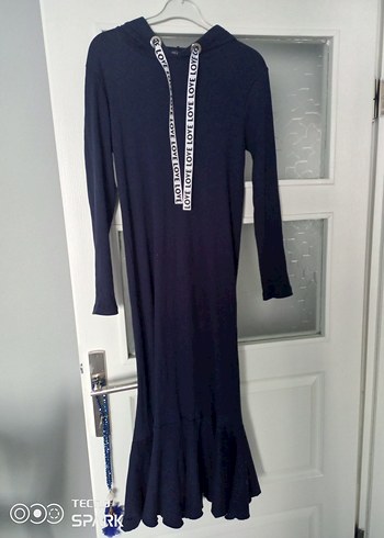 Uzun Kollu Örme Mavi Kadın Elbise - Görsel 3