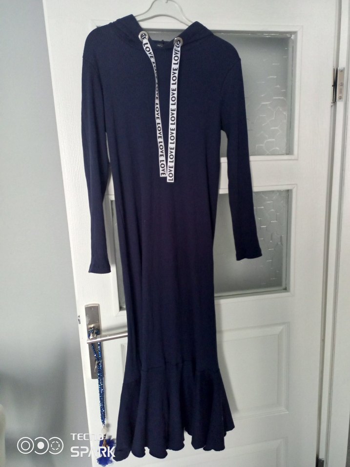 Uzun Kollu Örme Mavi Kadın Elbise - Görsel 3