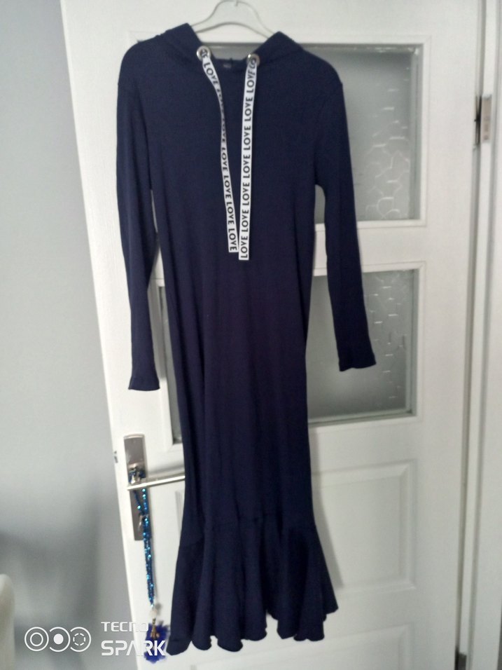 Uzun Kollu Örme Mavi Kadın Elbise - Görsel 2