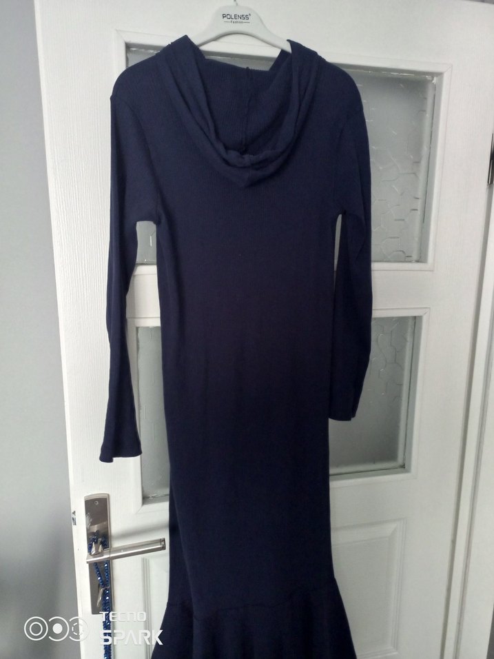 Uzun Kollu Örme Mavi Kadın Elbise - Görsel 5