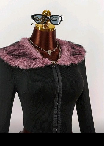 Sheinside Pembe Kürklü Siyah Deri Mini Etek