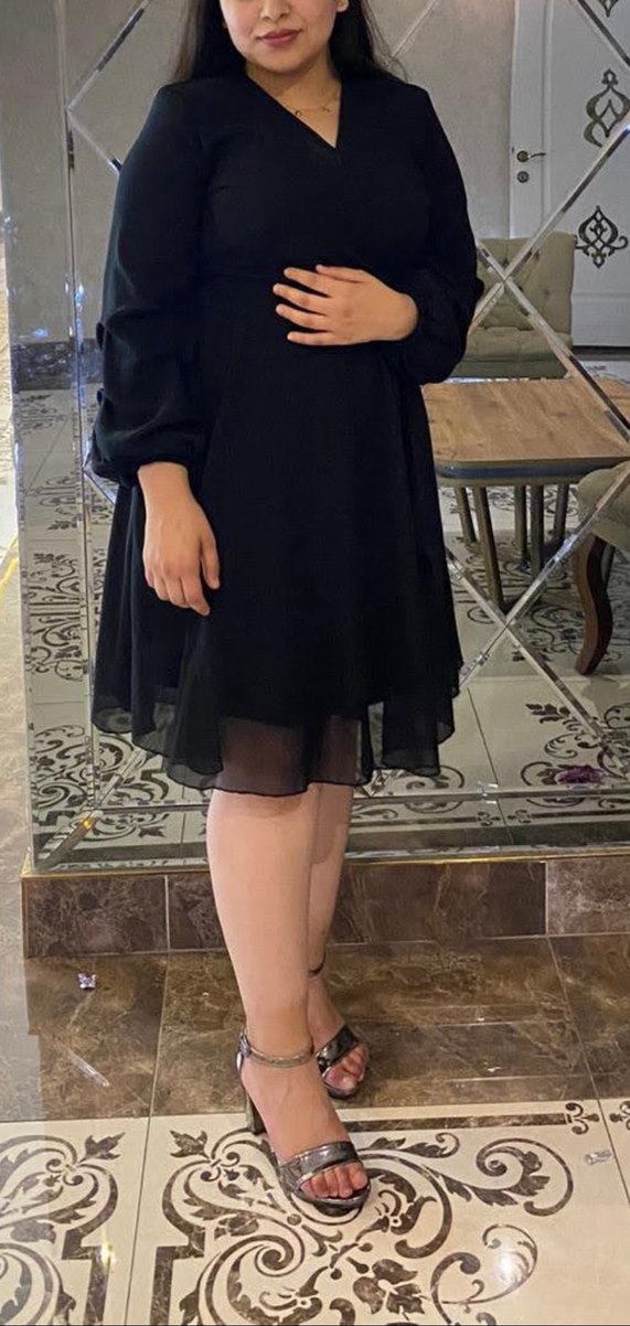 Kırmızı V Yaka Kuşaklı Uzun Kollu Elbise - Görsel 2